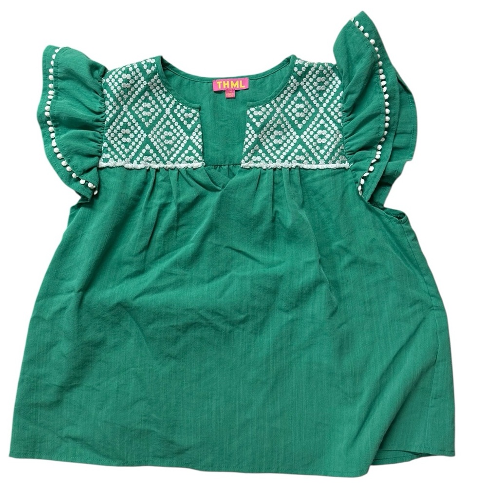 THML Women’s Green and White Embroidered Ruffle Sleeve Short Sleeve Blouse